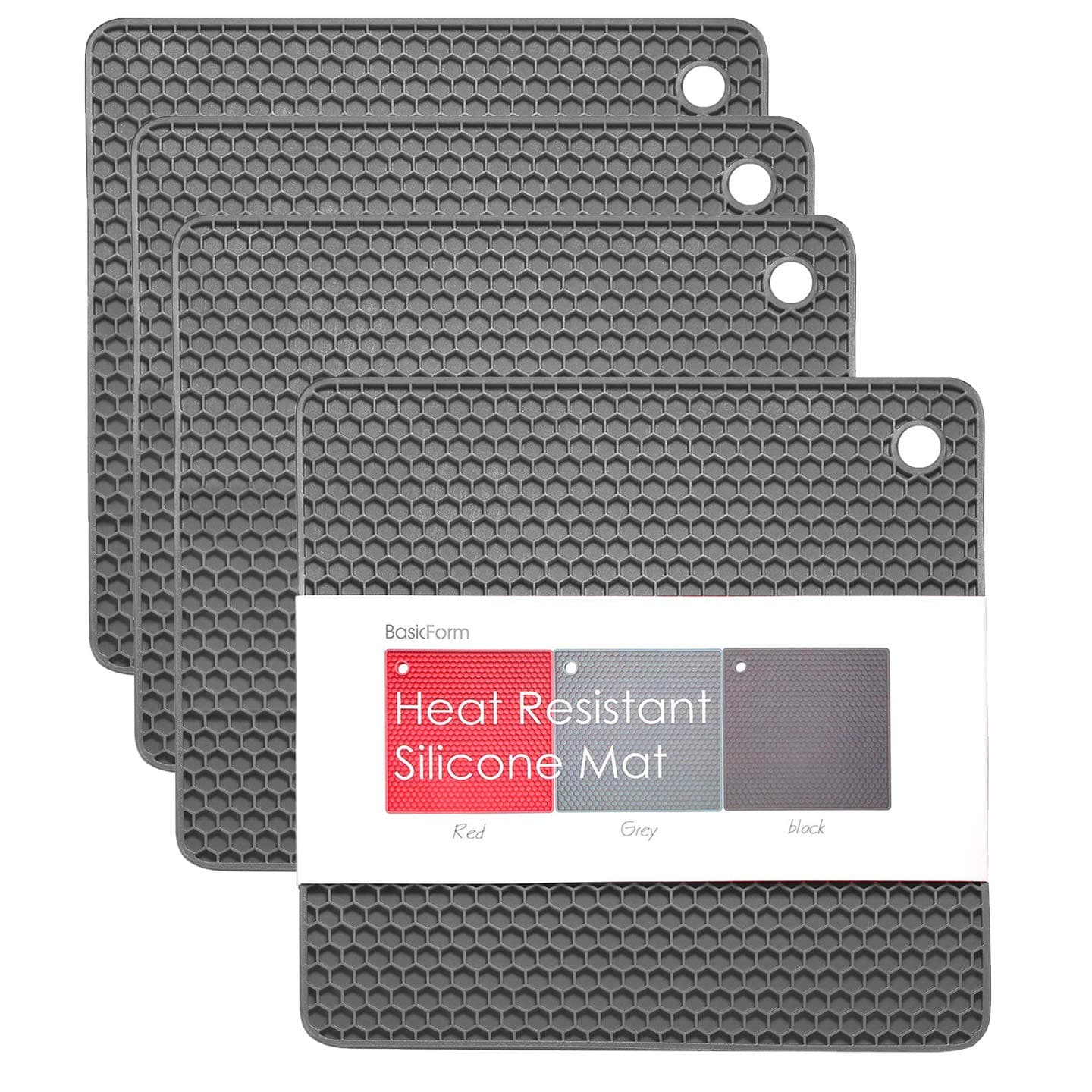 BasicForm Silicone Trivet Square Honeycomb Pattern 7.5x7.5x0.31 Inches (Set of 4) (Gray)