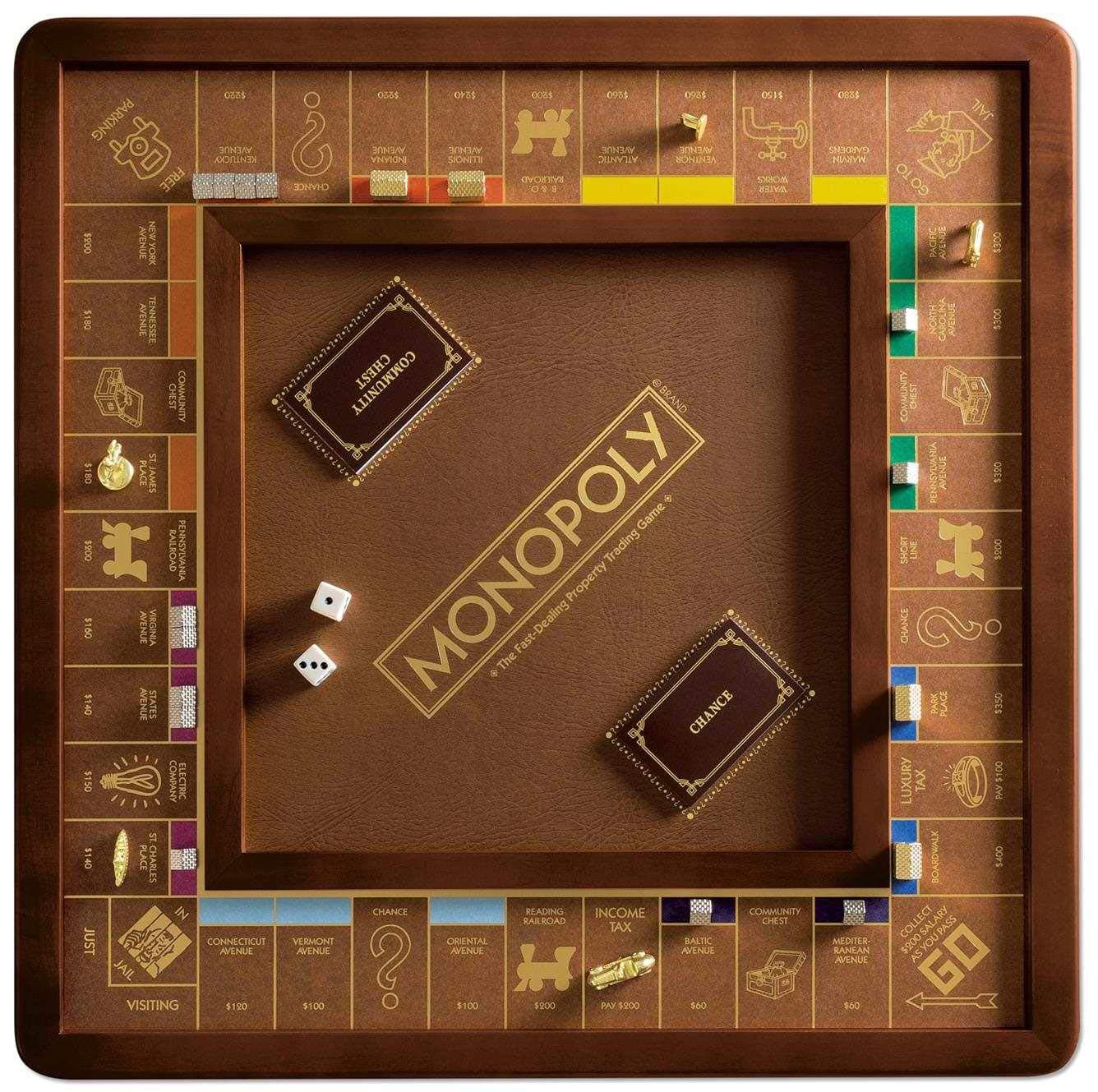 Monopoly Luxury Edition by WS Game Company, Burl Wood Cabinet with Gold Foil Stamped Game Board, Faux Leather Rolling Area, and 2 Storage Drawers, Premium Board Games for 2-6 Players