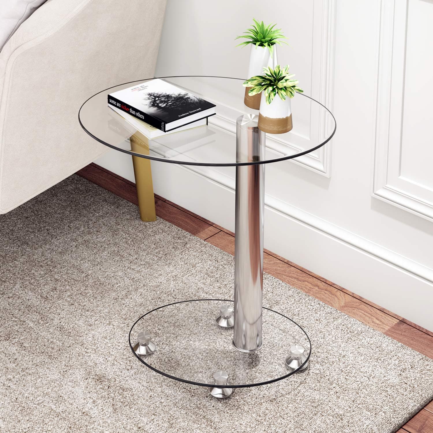 Small Side Table, Glass Sofa Side Table with Metal Frame, Modern C Shaped End Table for Living room and Small Spaces, Oval