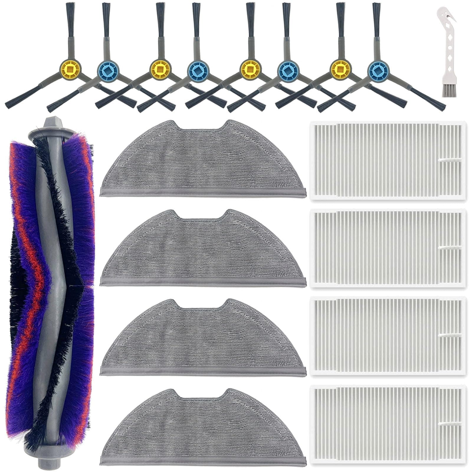 Replacement Parts Accessories Compatible for Eureka E10s,E20 Robot Vacuum Cleaner,1 Main Brush,4 Filters,4 Mop Pads,8 Edge-Sweeping Brushes