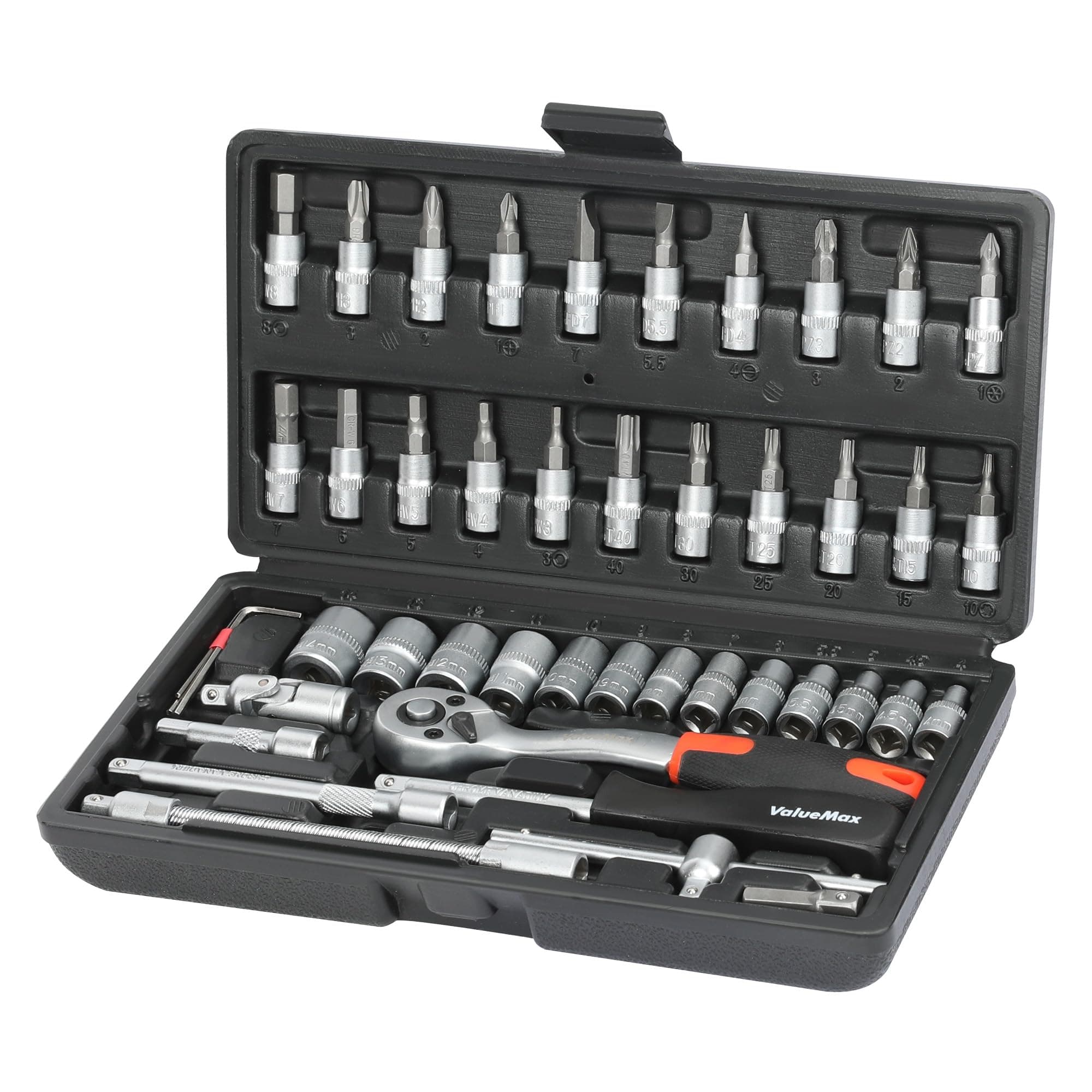 ValueMax 46-Piece Socket Set, 1/4“ Drive Socket Set with Bits, Cr-V Steel Ratchet Set, Mechanic Ratchet Wrench Tool Kit for Car Repair