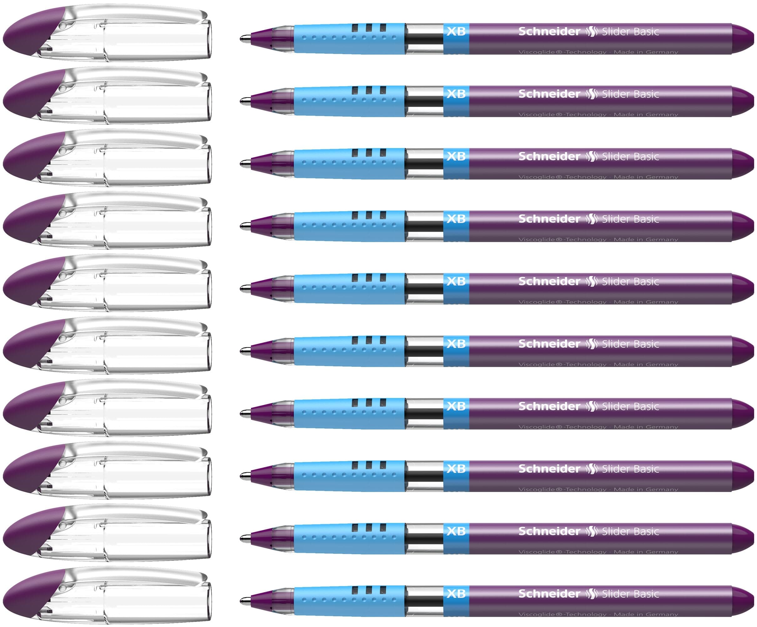 Schneider Slider Basic XB (Extra Broad) Ballpoint Pen, 1.4 mm, Transparent Barrel, Violet Ink, Box of 10 Pens (151208)