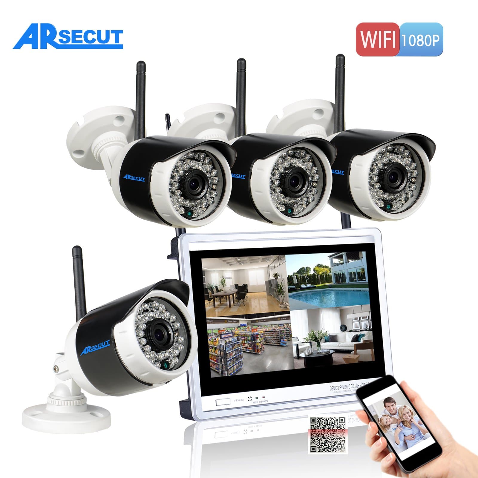 Arsecut 2.0MP Wireless Home Security Camera System 4x1080P Wireless IP Cameras 65ft IR with Wifi Camera Wireless CCTV System NO Hard Drive