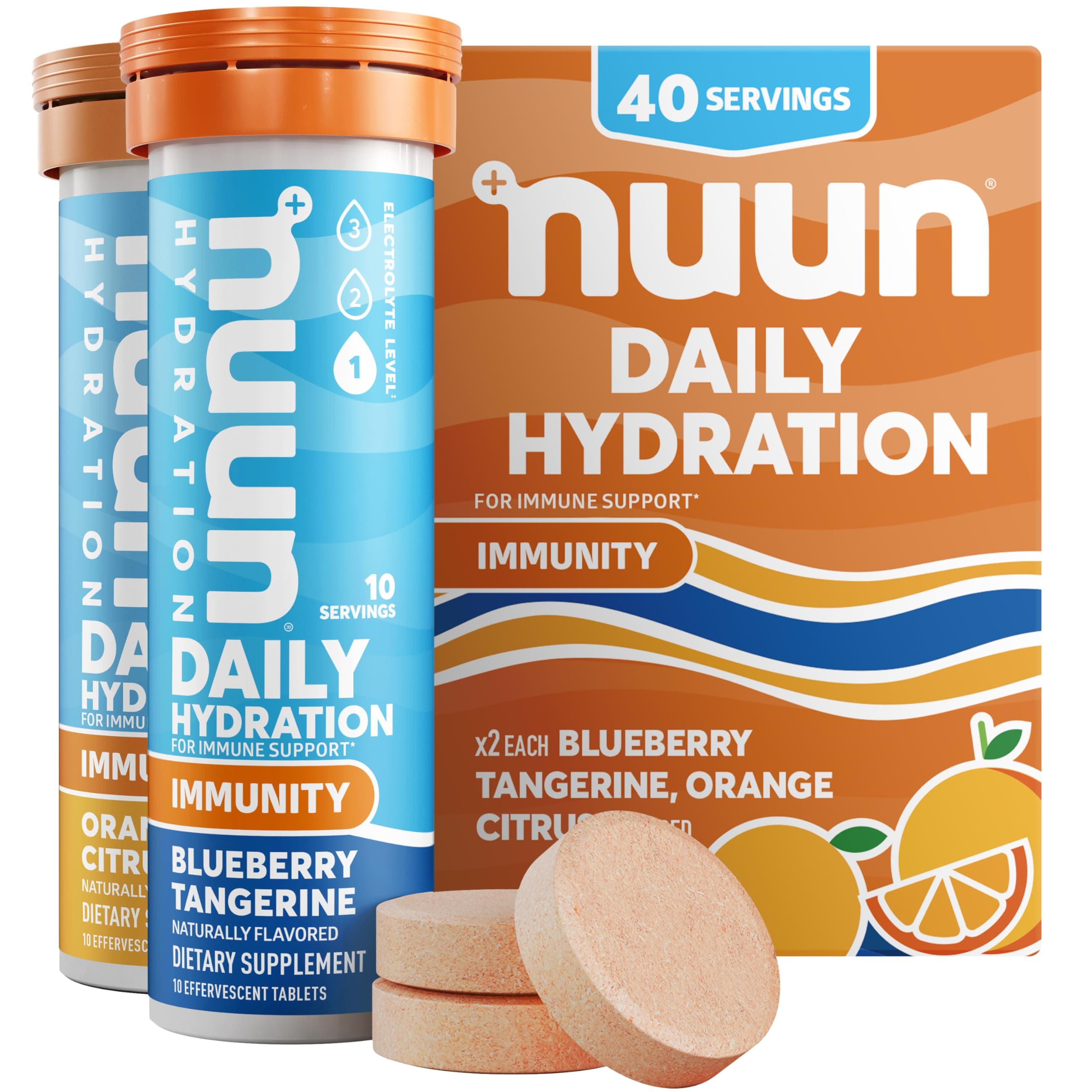 Nuun Immunity Electrolyte Tablets with Vitamin D, C, E, & A, Ginger, Elderberry, Magnesium & 4 Other Essential Electrolytes, Vegan, Blueberry Tangerine & Orange Citrus, 4 Pack (40 Servings Total)