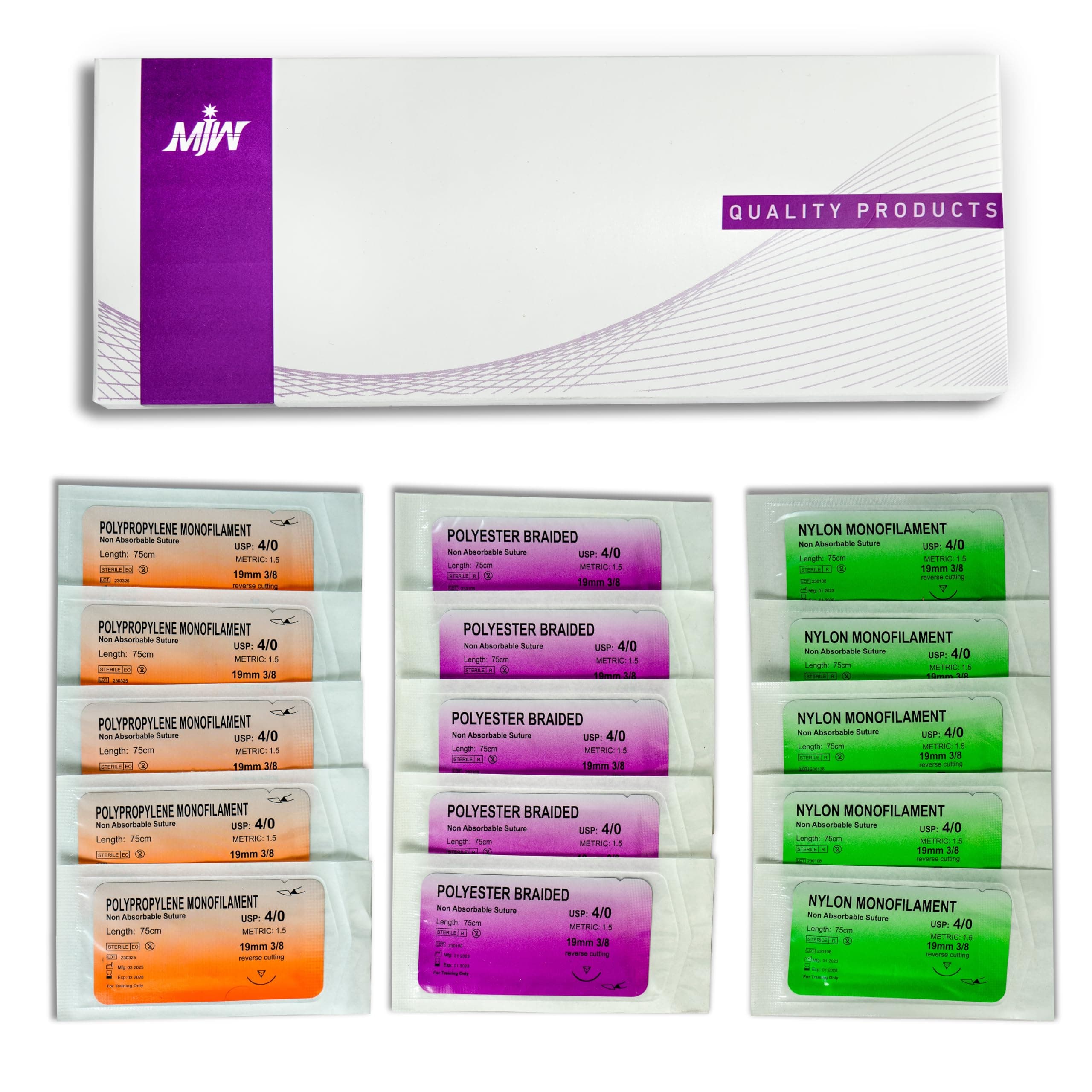 MJW Suture Threads - 15 Pcs Ideal Suture Practice Thread for Students Suturing Practice – 4/0 Braided and Monofilament Training Sutures