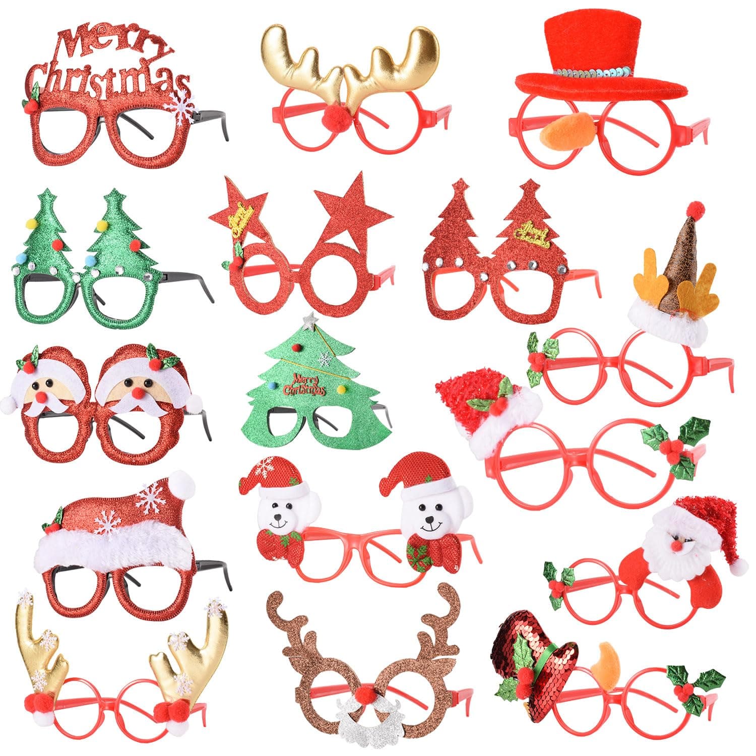 16 PCS Christmas Holiday Glasses for Kids & Adults ,Cute Christmas Glasses Frames,Fun Christmas Party Favors Festive Decorations & Trinkets , Perfect for Goodie Bag Stuffers ,Photos booth