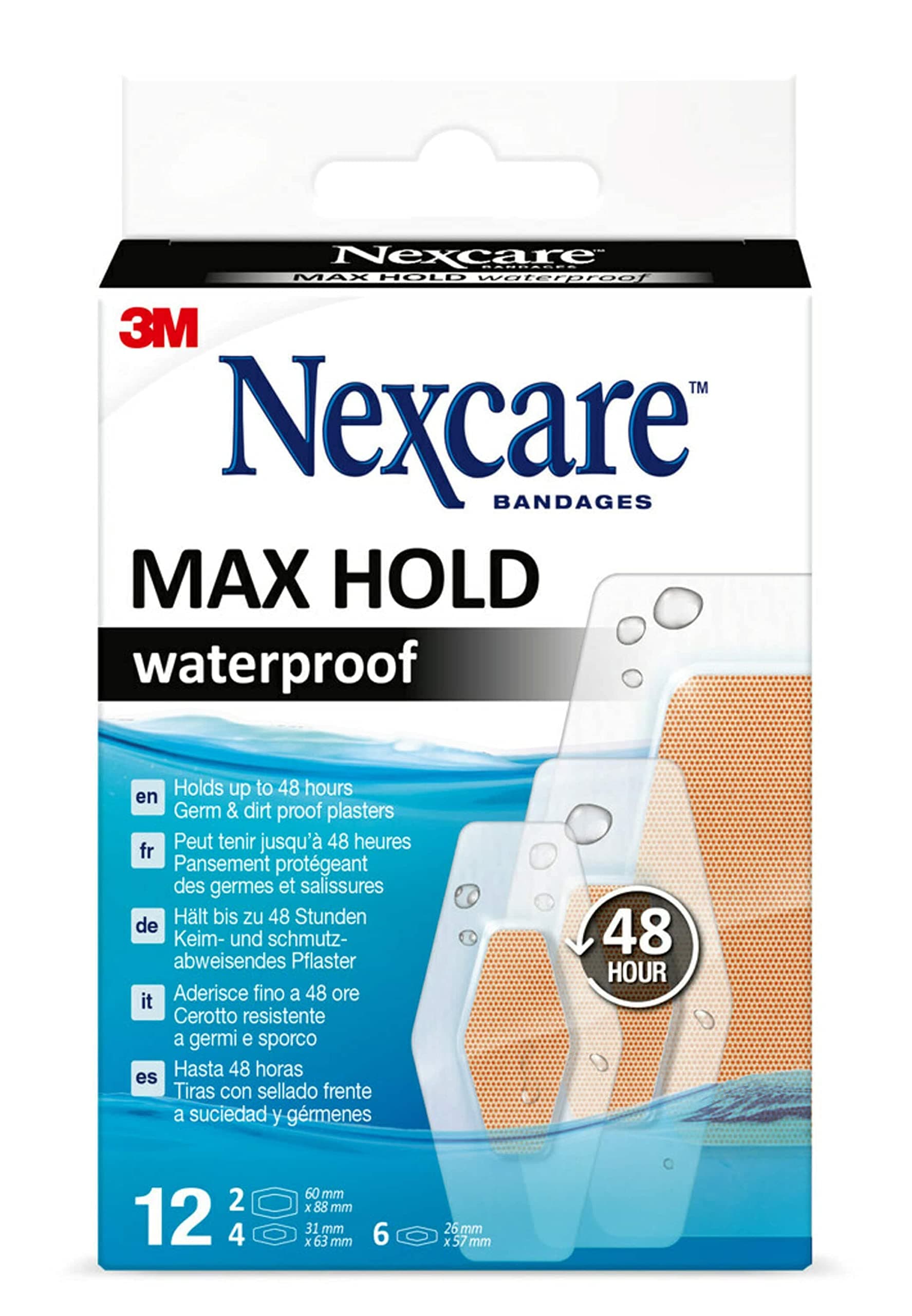 Nexcare Max Hold Waterproof Plasters, Assorted Sizes, 12 Plasters per Pack, Breathable and Waterproof Plasters for Minor Wounds, Scratches, Plasters for First Aid Kits