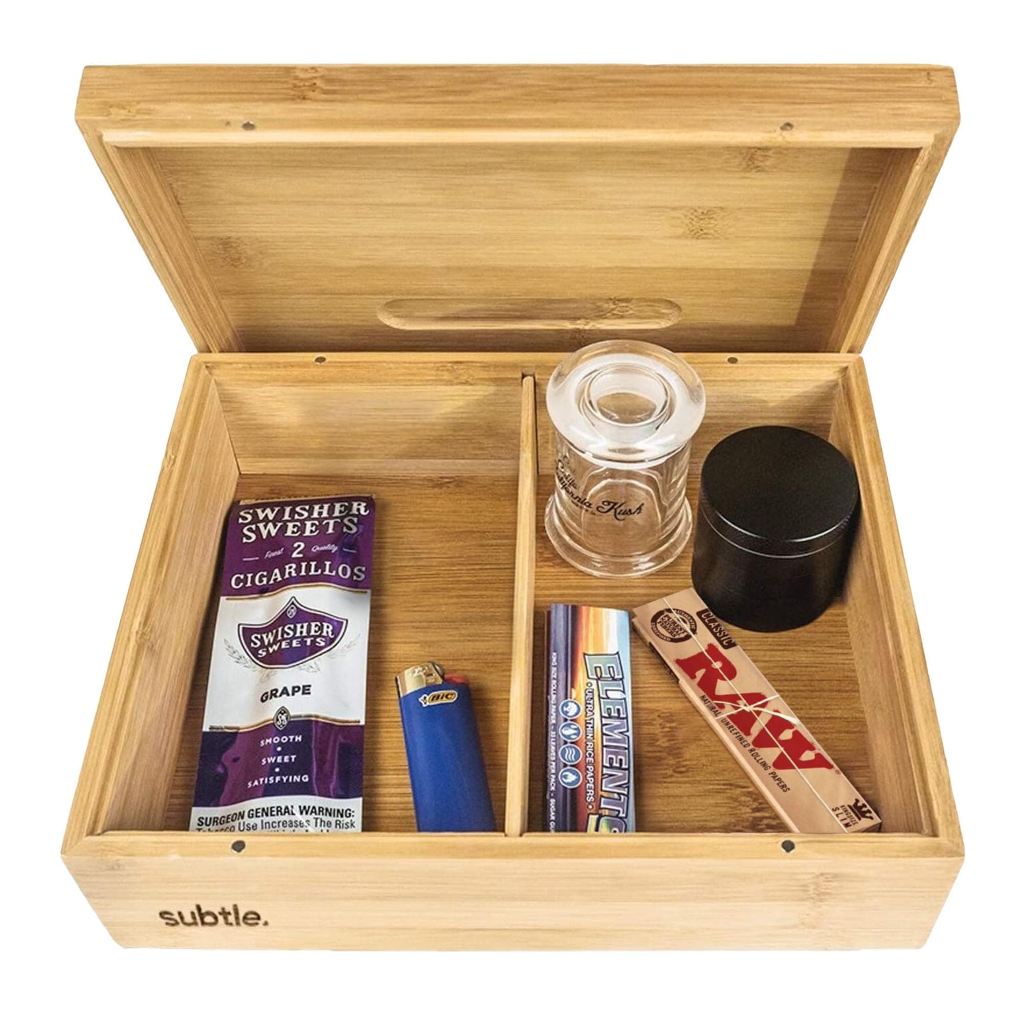 Subtle Rolling Tray Stash Box - Large Bamboo Box w/Ample Storage Space to Organize Herb Accessories - Comes with Convertible Rolling Tray Lid - (10" x 8" x 3.5")