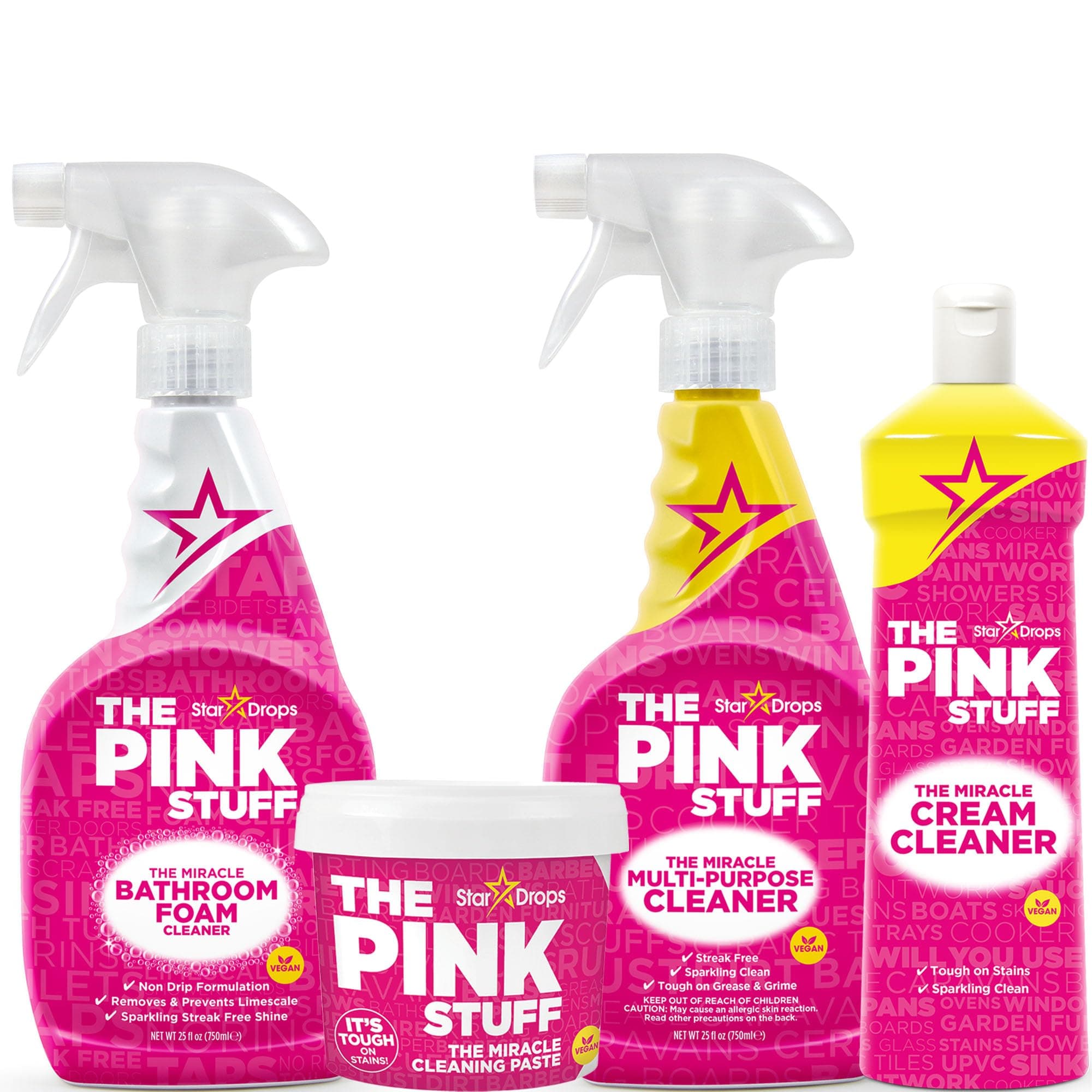Stardrops - The Pink Stuff - Miracle Cleaning Ultimate Bundle – Paste, Multi-Purpose Spray, Bathroom Foam Spray, and Cream Cleaner – Ideal for Kitchens, Bathrooms, Outdoors, and More