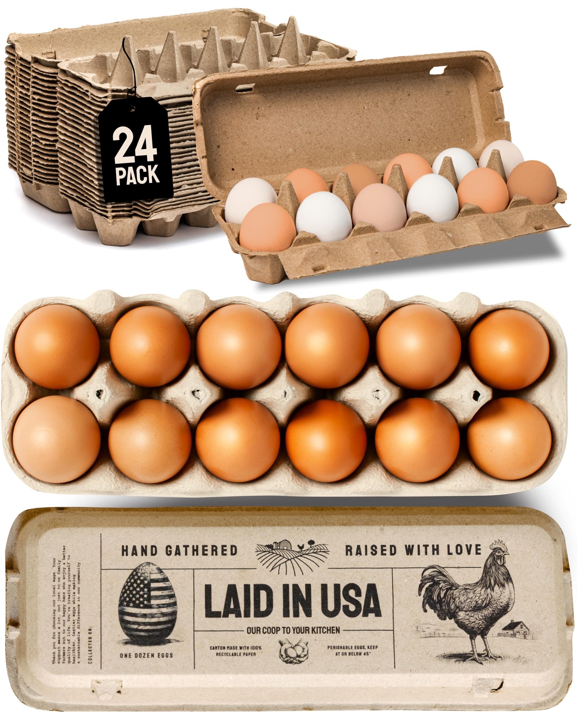 PTCOM Hatortempt 24-pack Egg Cartons Cheap Bulk - Paper Pulp Egg Cartons 12 Count - Small to XL Eggs - Reusable Egg Holder - Egg Storage for Refrigerator