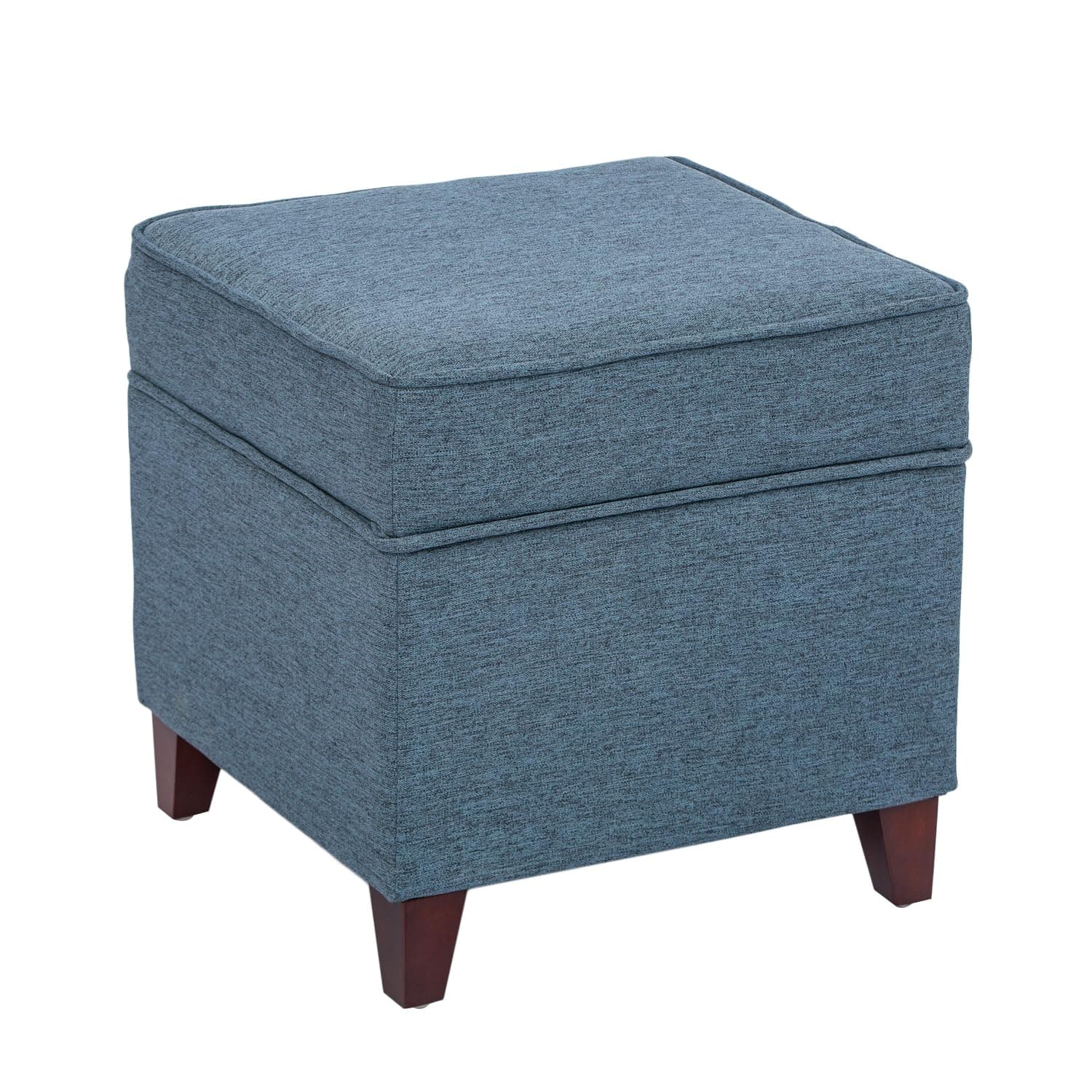 Adeco 17" Square Ottoman with Storage, Small Blue Storage Ottoman Foot Rest with Hinged Lid & Solid Wood Legs, Linen Fabric Foot Stool for Living Room & Bedroom, Seasonal Home Refresh & Gifting