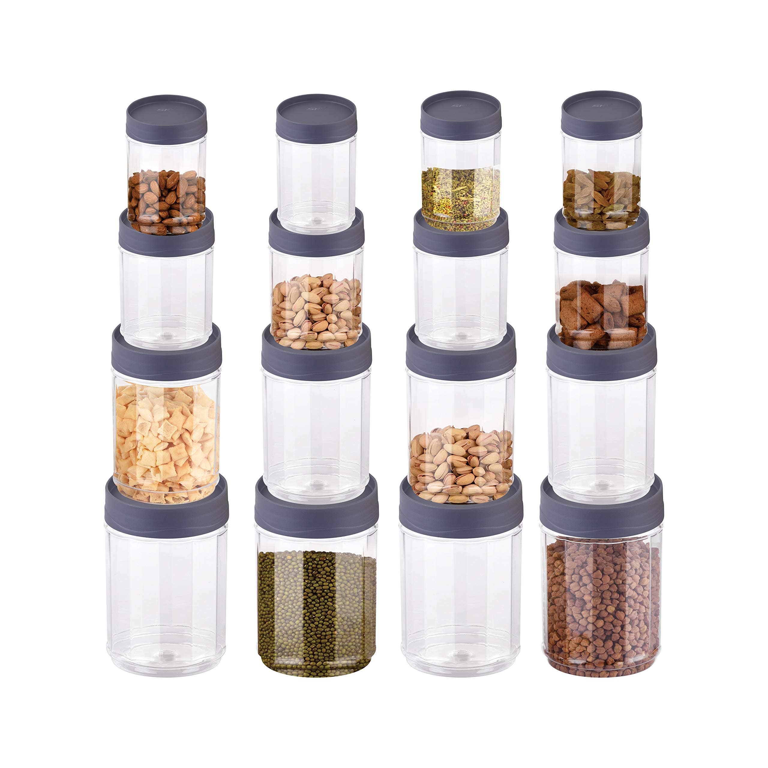 Sky Octave Jumbo Celebration 16 Pcs with Inter-Stackable Lid Storage Pet Container Gift Set for Kitchen (2300 ml x 4, 1350 ml x 4,700 ml x 4, 320 ml x 4),Grey