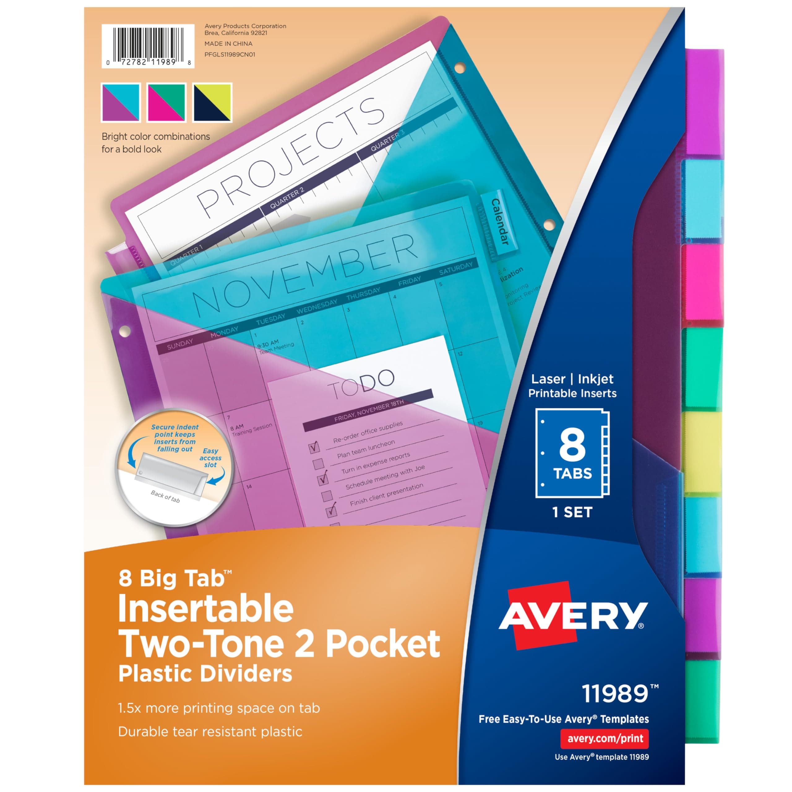 Avery Big Tab Insertable Plastic 2 Pocket Dividers for 3 Ring Binders, 8 Tab Set, Bright Two-Tone Multicolor, Works with Sheet Protectors, 1 Set (11989)