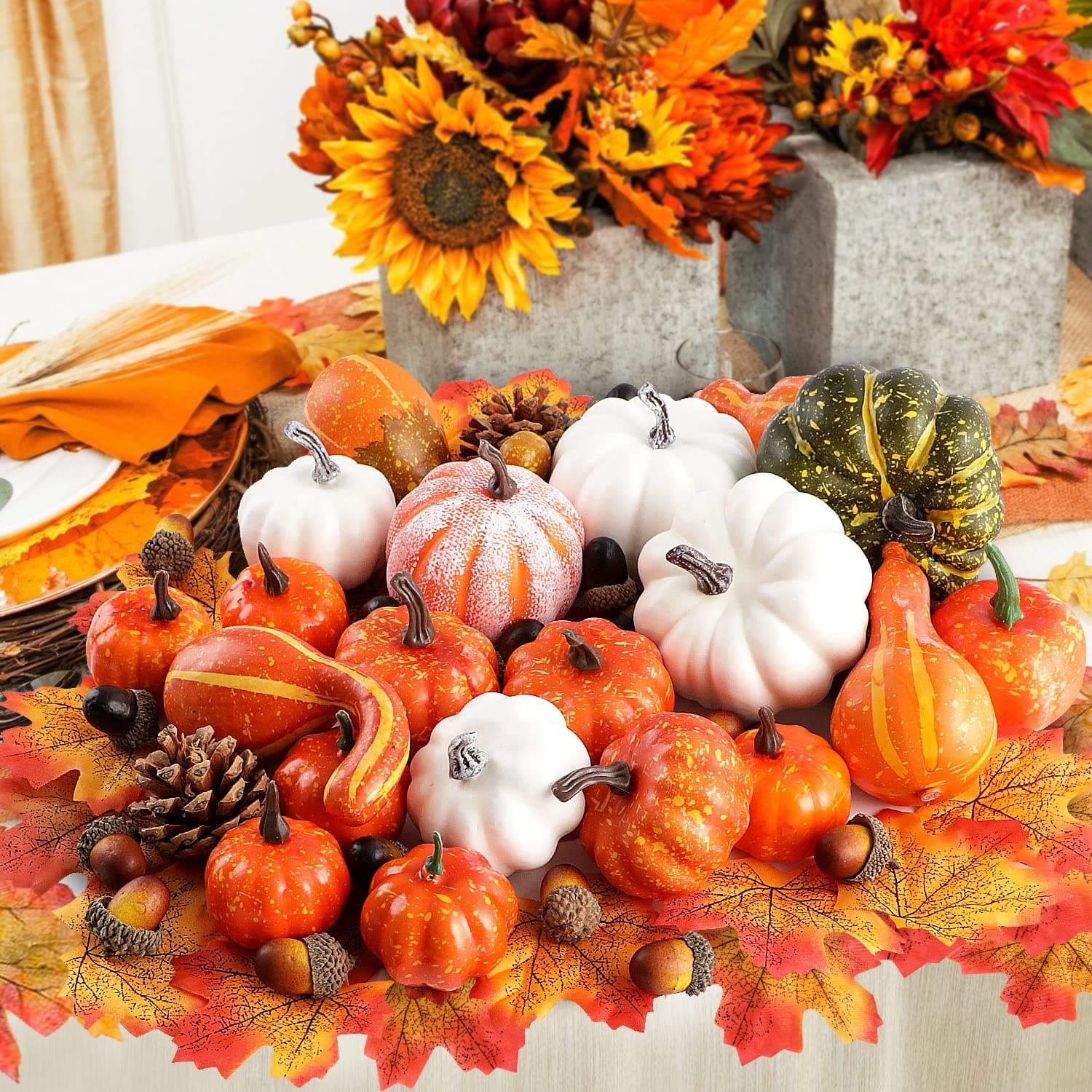 Benjia 102 Pcs Assorted Mini Artificial Pumpkins Fall Decoration Set, Small Fake Pumpkins Gourd Maple Leaves Pine Cones Acorns for Autumn Harvest Thanksgiving Halloween Decoration Faux Pumpkins