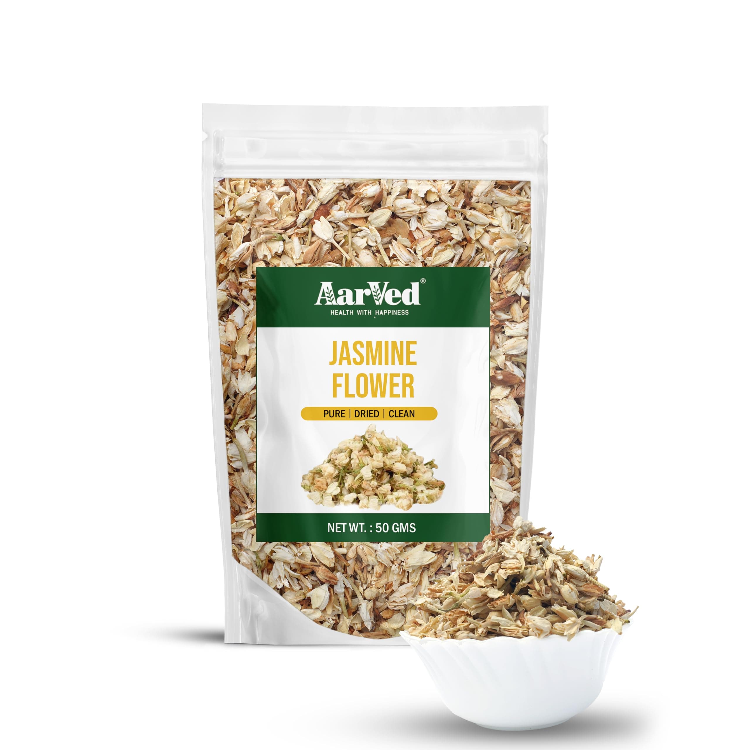 Aarved Dried Jasmine Flower (50g, Pack of 1) Edible Aromatic Jasmine Petals for Stress Relief Tea, Herbal Infusion, Baking, Cooking, Dessert Decoration,DIY Skincare | Caffeine & Preservative Free