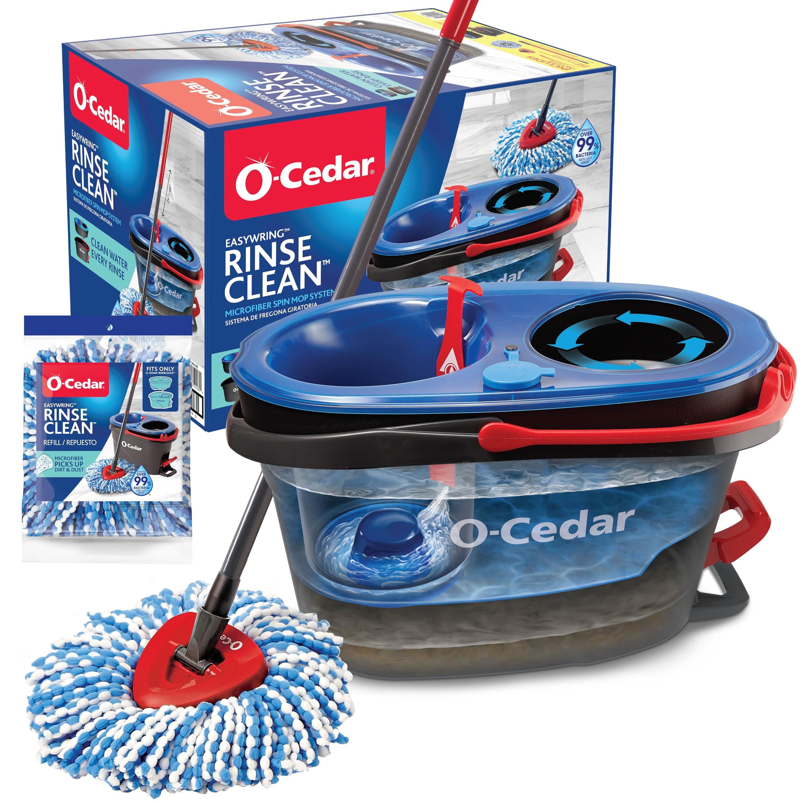 RinseClean Spin Mop & Bucket System + 1 Extra Mop Head | Clean with Clean Water | Removes 99% of Bacteria