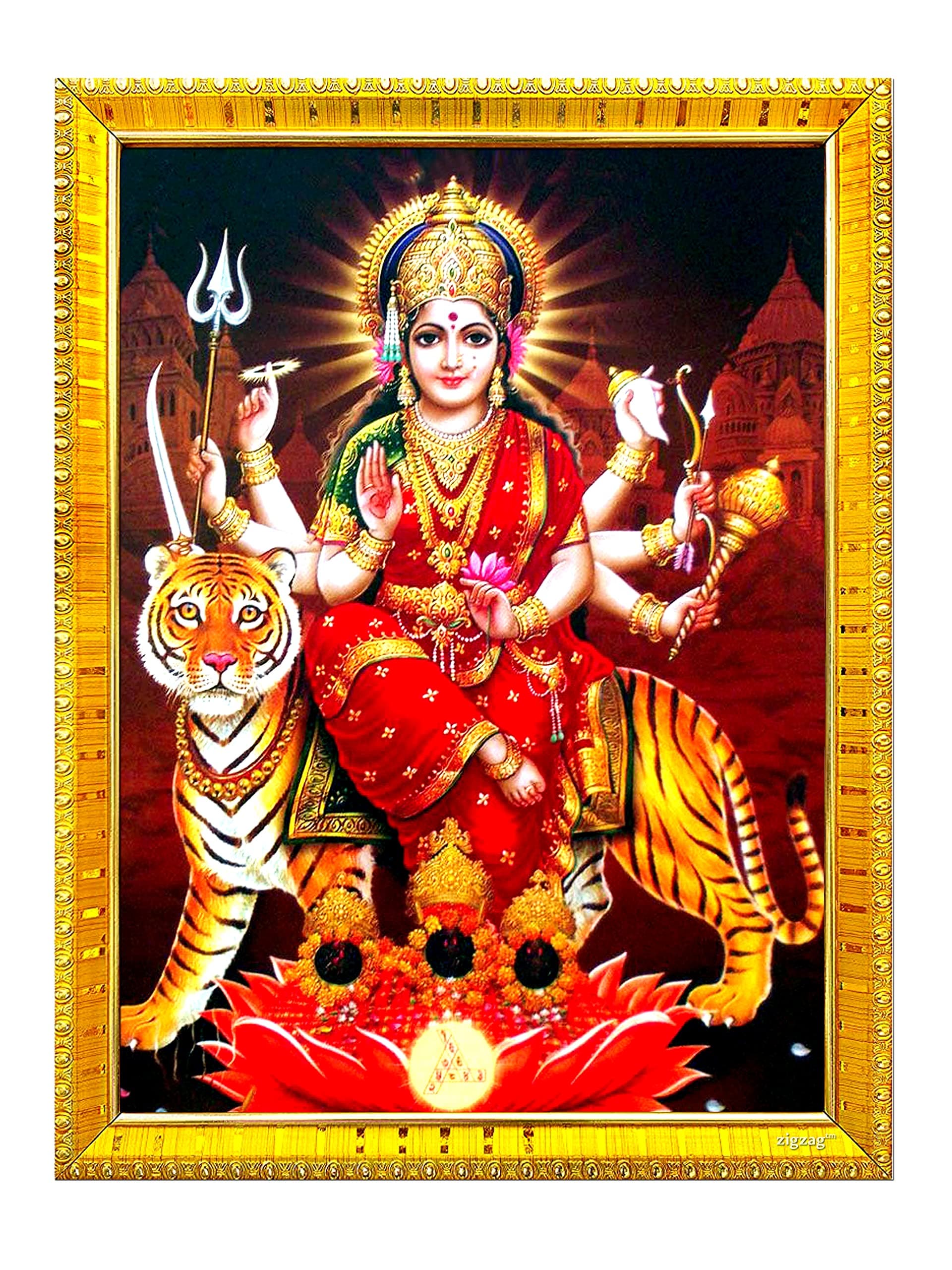 - zig zag Durga Maa Photo Frame For Wall / Rectangular Table / Pooja Room ( 7x9 inches, Acrylic Glass)Golden