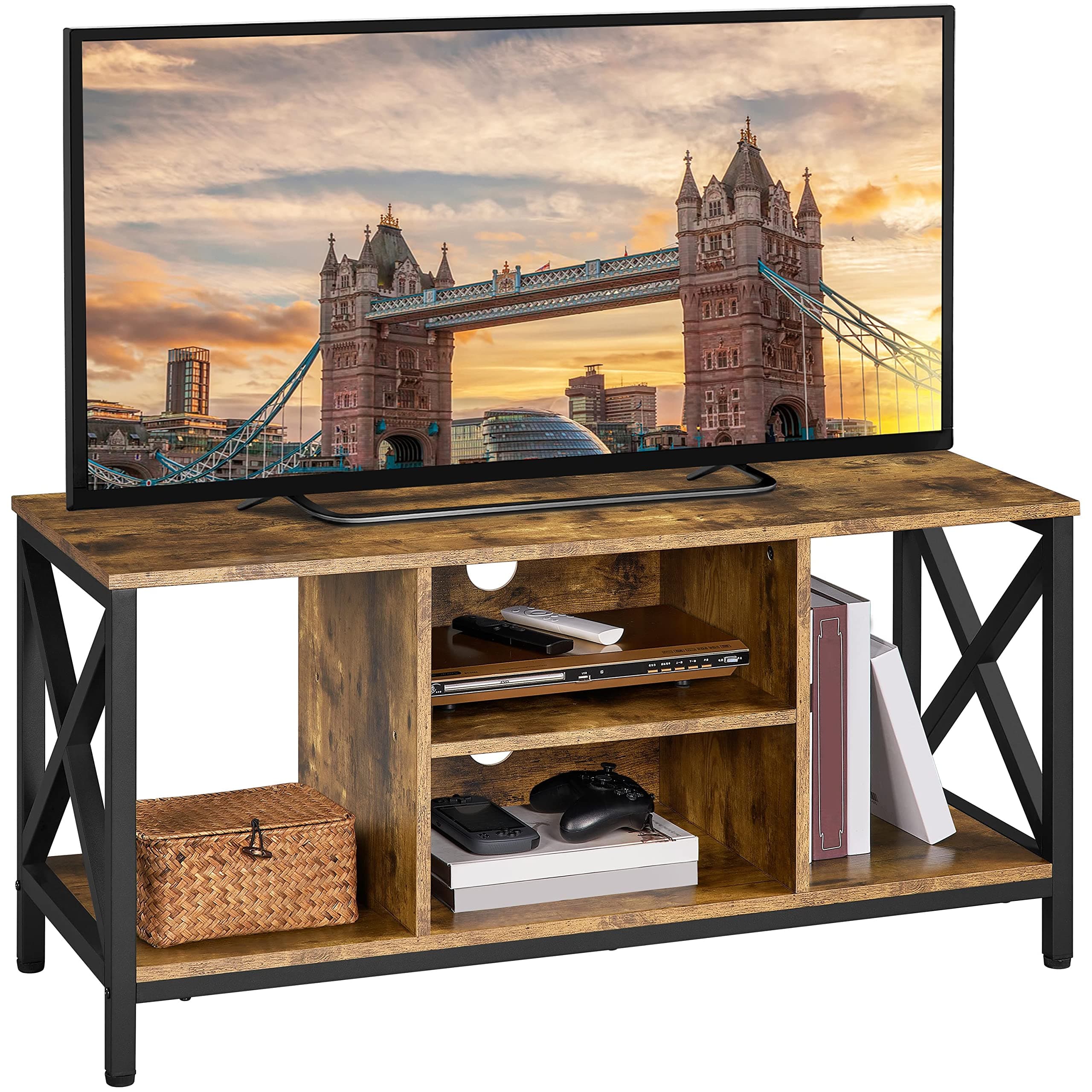 Yaheetech TV Stand for 50 Inch TV, Industrial TV Cabinet with X-Shape Structures & Open Shelves, Media Entertainment Center for Living Room & Bedroom, Rustic Brown