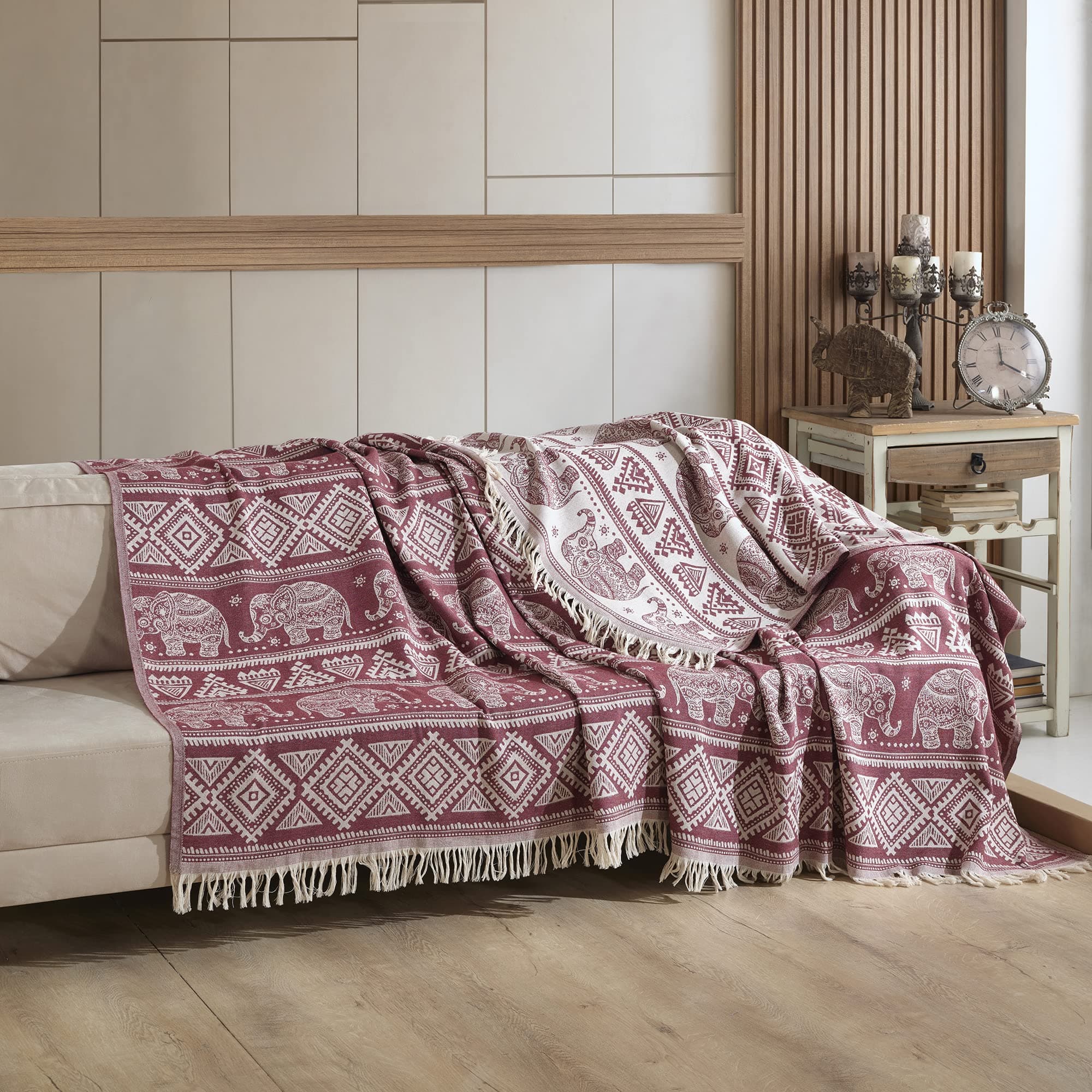 Bed Throw King Size | 100% Cotton Blanket Throws for Sofas Large | King Size Bedspread | Boho Home Decor | 220 x 240 cm | Burgundy