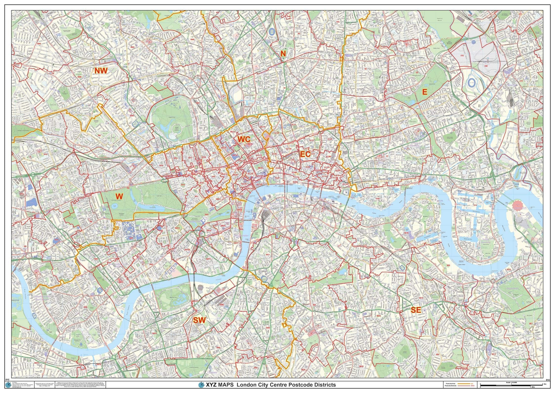London City Centre Postcode District Wall Map (D12) - 47" x 33.25" Matte Plastic
